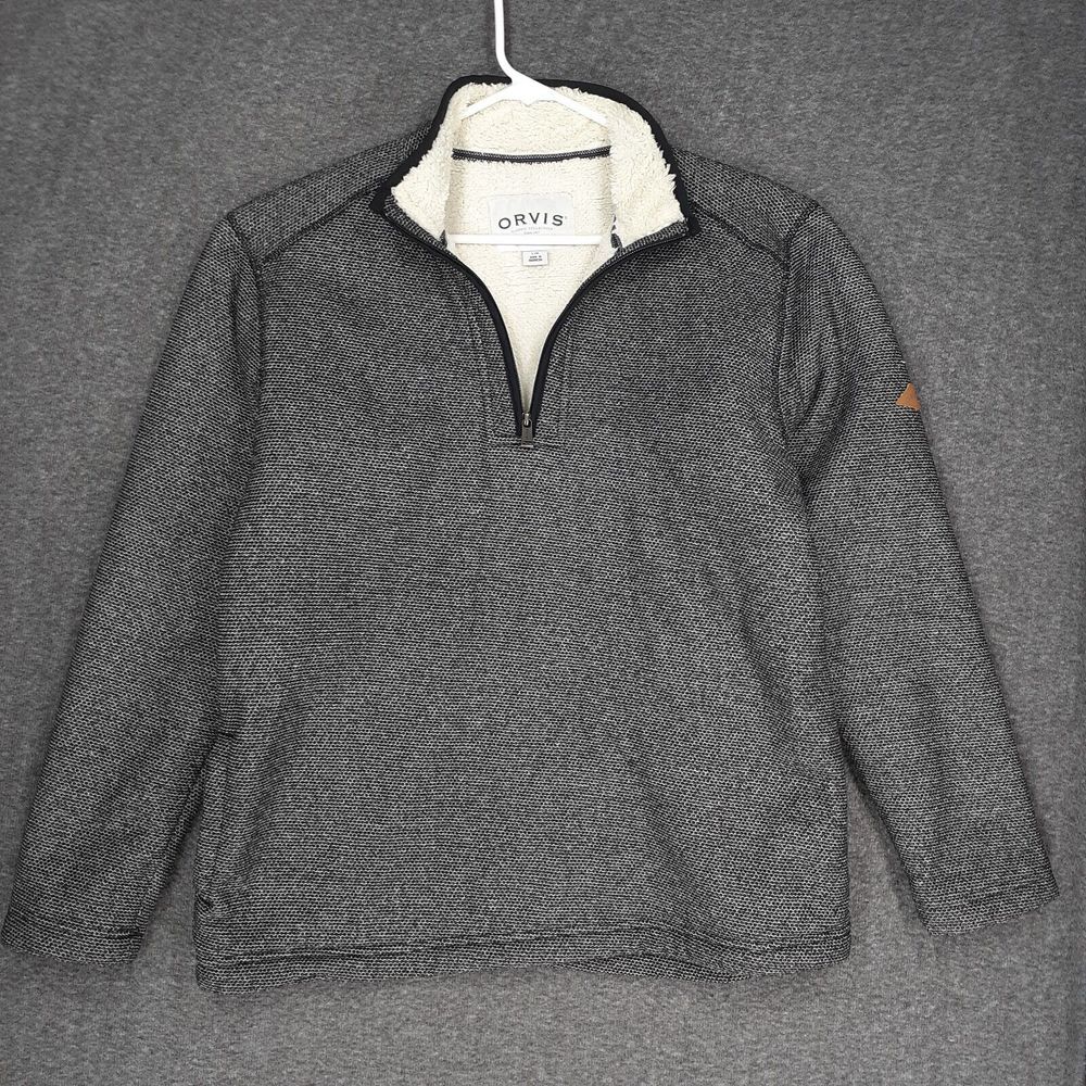 Orvis 1/4 Zip Pullover sweater Adult L black gray Sherpa Lined mens casual